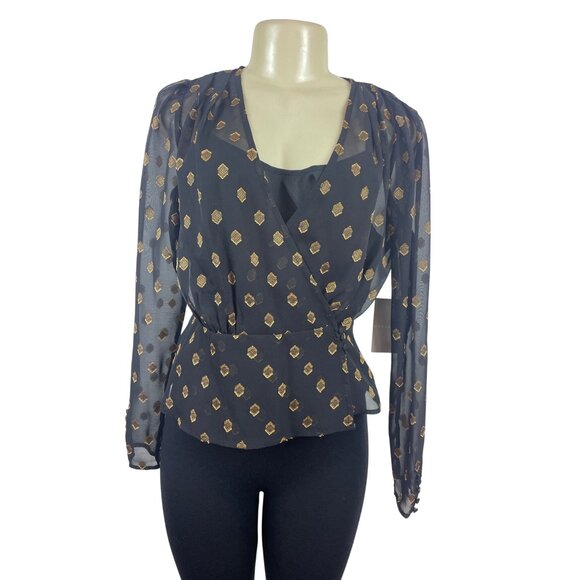 Chelsea- 28 Women Black & Gold Wrap Blouse With Geometric Print Button Sz S- New - Picture 1 of 9